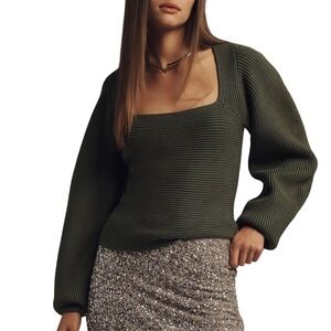 Maeve by Anthropologie Olive Green Ribbed‎ Knit Square Neck Sweater Top Large